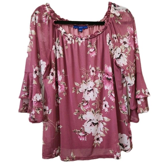 Apt. 9 Floral Pink Ruffle 3/4 Sleeve Blouse Top Large Boho Romantic Feminine - Picture 1 of 4
